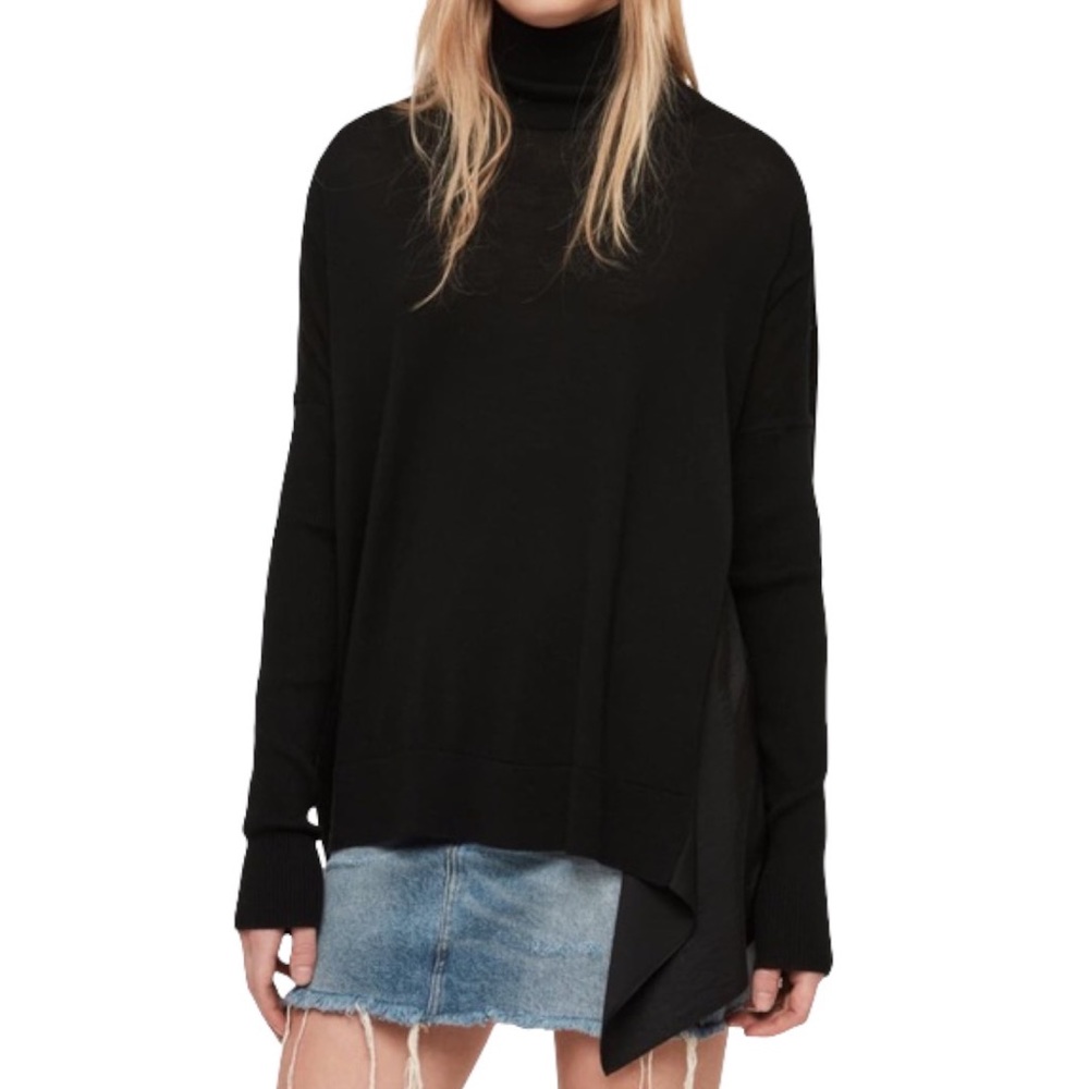 All Saints Alda Roll Neck Jumper Black XS Merino Wool Turtleneck